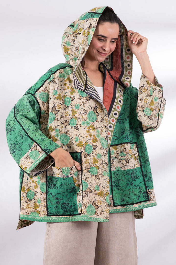 VINTAGE COTTON KANTHA HOODIE PONCHO - cv2064-0001a -