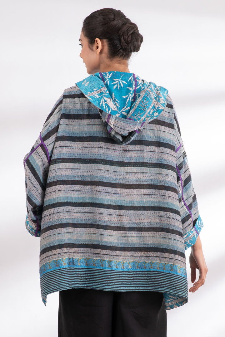 VINTAGE COTTON KANTHA HOODIE PONCHO - cv2064-0002a -