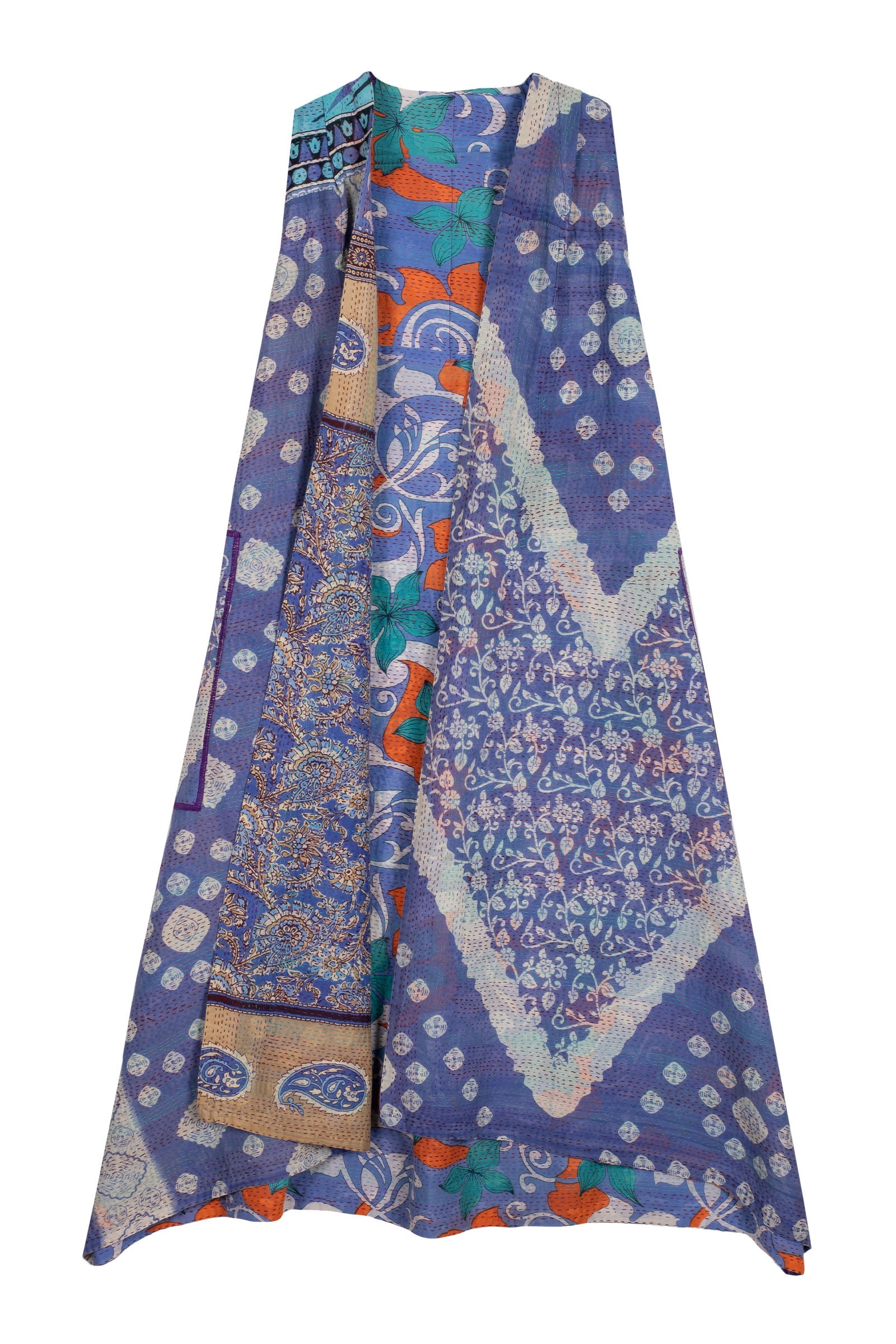 VINTAGE COTTON KANTHA BACK PLEATED VEST MAXI - cv2222-0008a