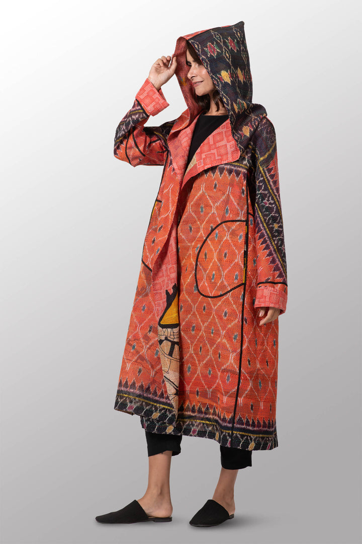 VINTAGE COTTON KANTHA HOODED A-LINE LONG COAT - cv2306-0007a -