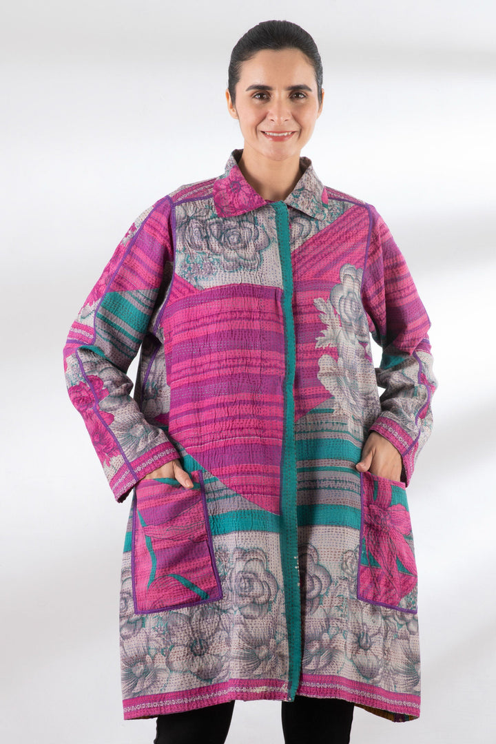 VINTAGE COTTON KANTHA A-LINE DUSTER - cv2311-0021a -