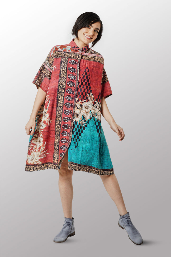 VINTAGE COTTON KANTHA HALF SLV. SHIRT DRESS - cv2429-0010a -