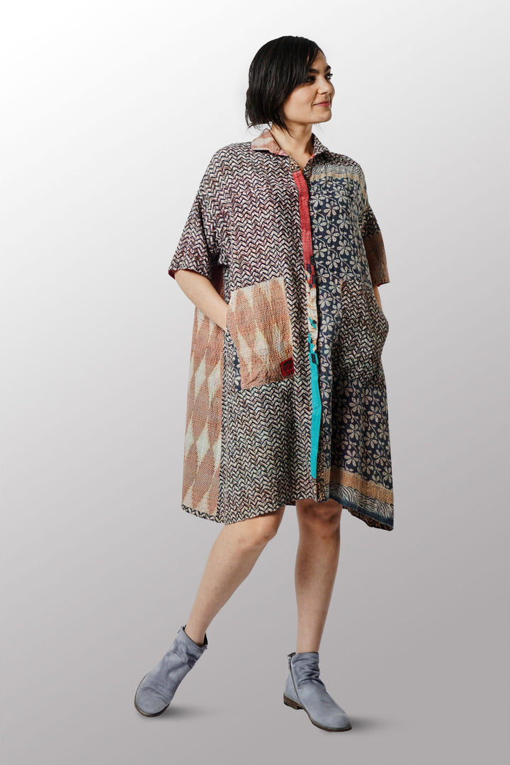 VINTAGE COTTON KANTHA HALF SLV. SHIRT DRESS - cv2429-0010a -