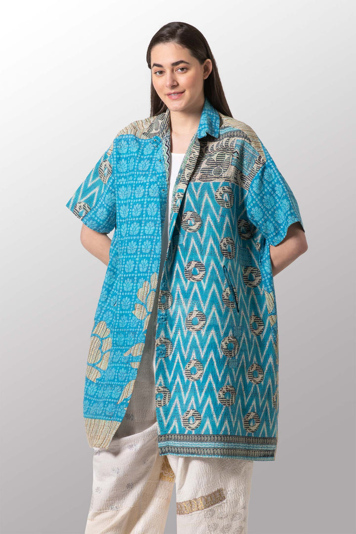 VINTAGE COTTON KANTHA HALF SLV. SHIRT DRESS - cv2429-0022a -