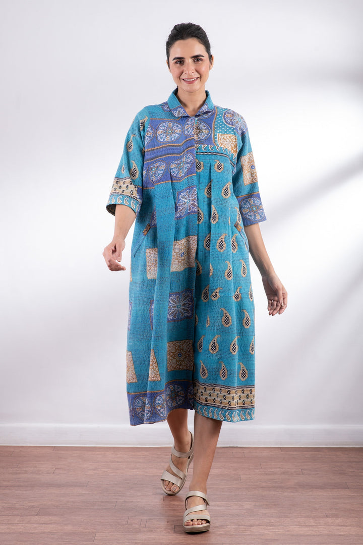 VINTAGE COTTON KANTHA SIDE PLEATED DRESS - cv2435-0001m -