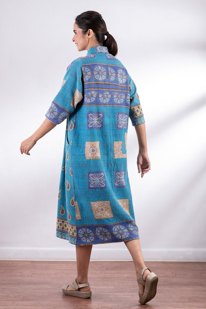 VINTAGE COTTON KANTHA SIDE PLEATED DRESS - cv2435-0001m -