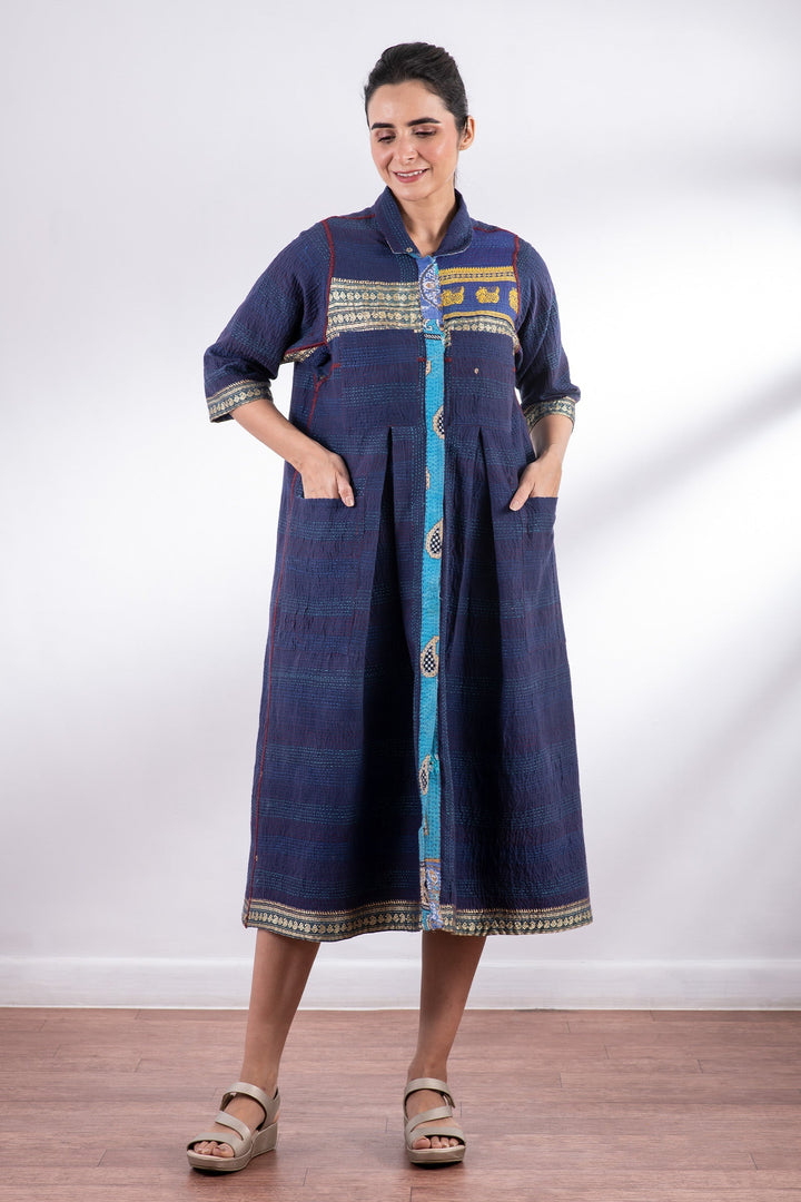 VINTAGE COTTON KANTHA SIDE PLEATED DRESS - cv2435-0001m -