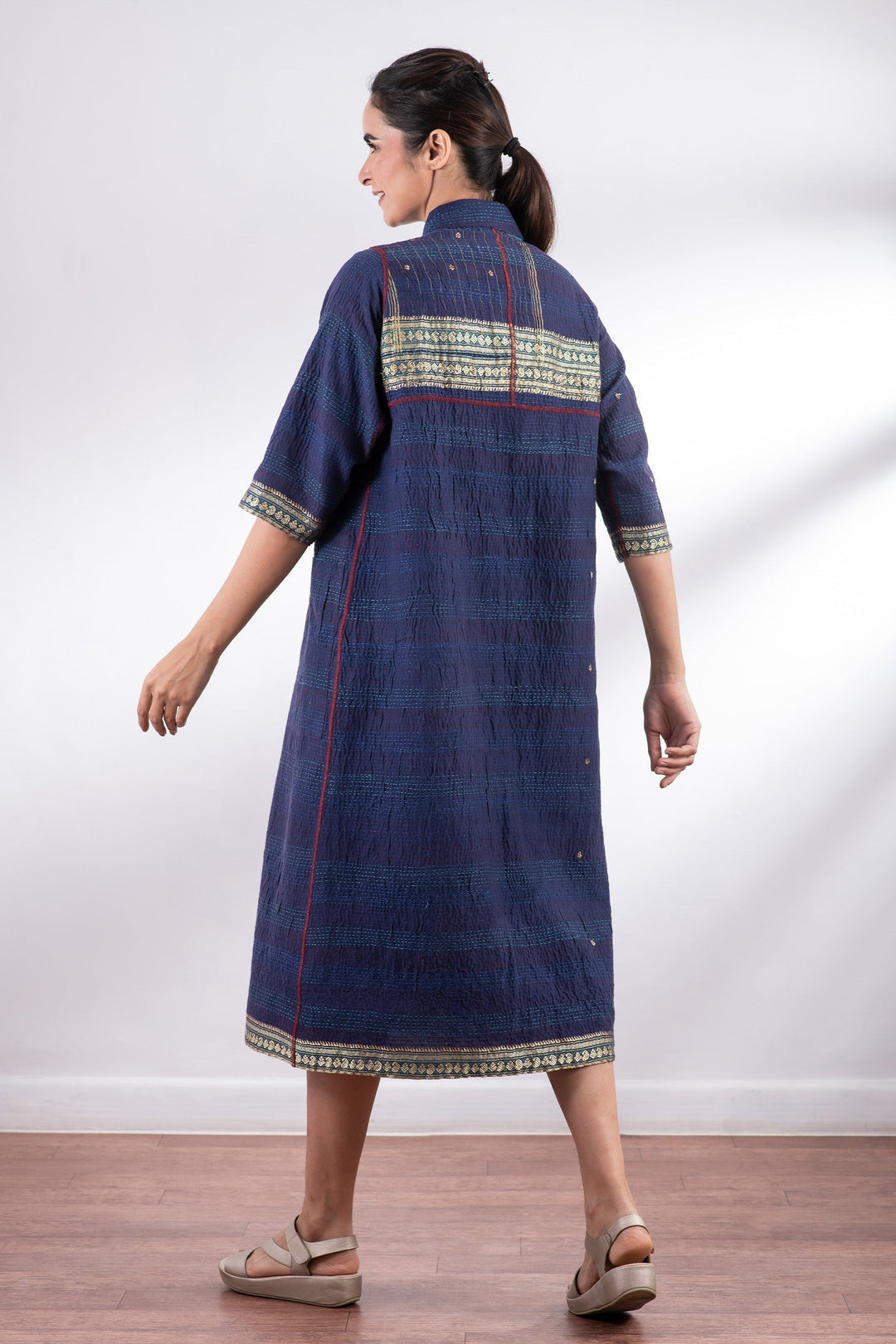 VINTAGE COTTON KANTHA SIDE PLEATED DRESS - cv2435-0001m -