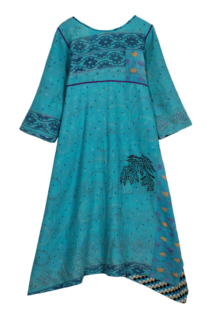 VINTAGE COTTON KANTHA POINTY HEM DRESS WITH SLEEVES - cv2437-0001m -