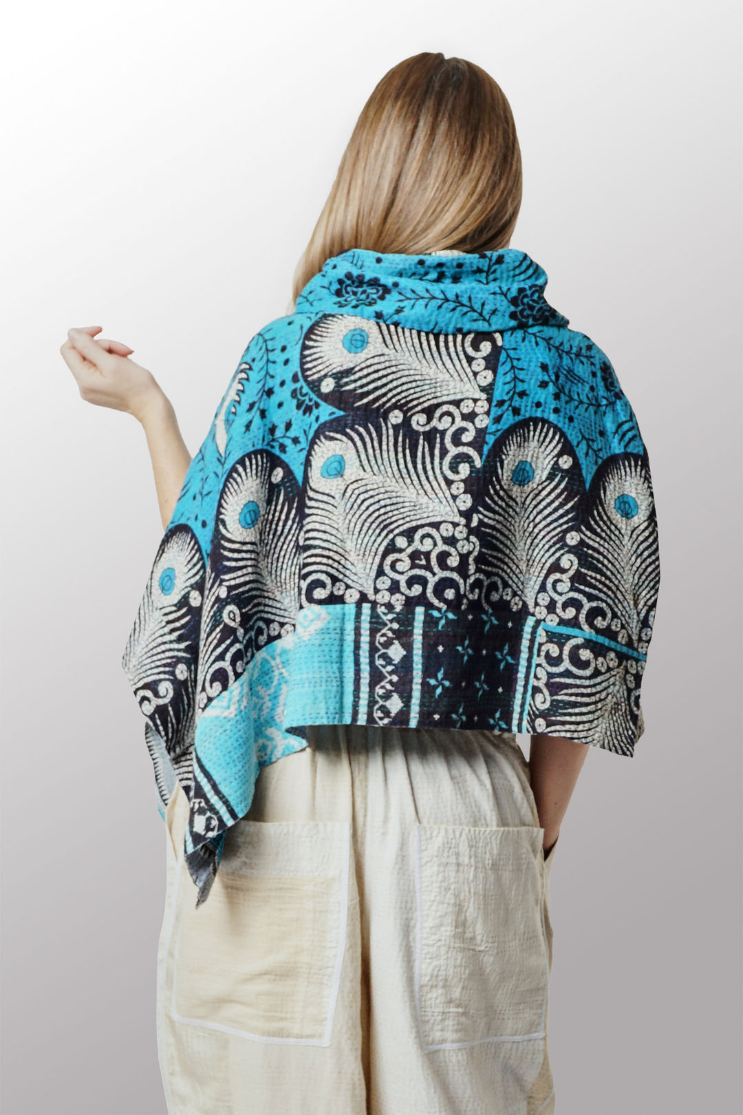 VINTAGE COTTON KANTHA COWL NECK WIDE CAPE - cv2843-blu -