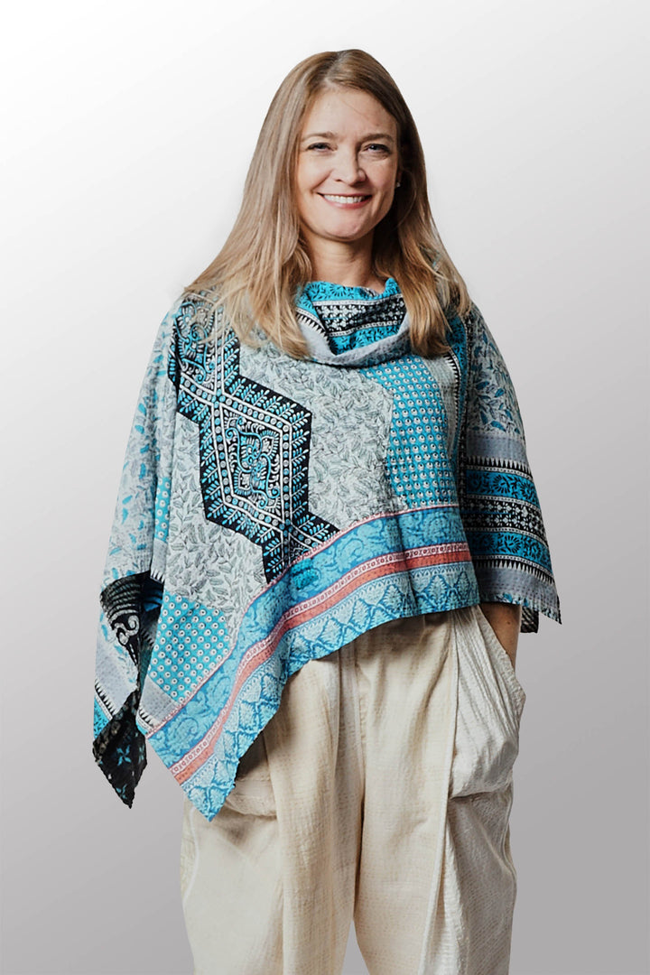 VINTAGE COTTON KANTHA COWL NECK WIDE CAPE - cv2843-blu -