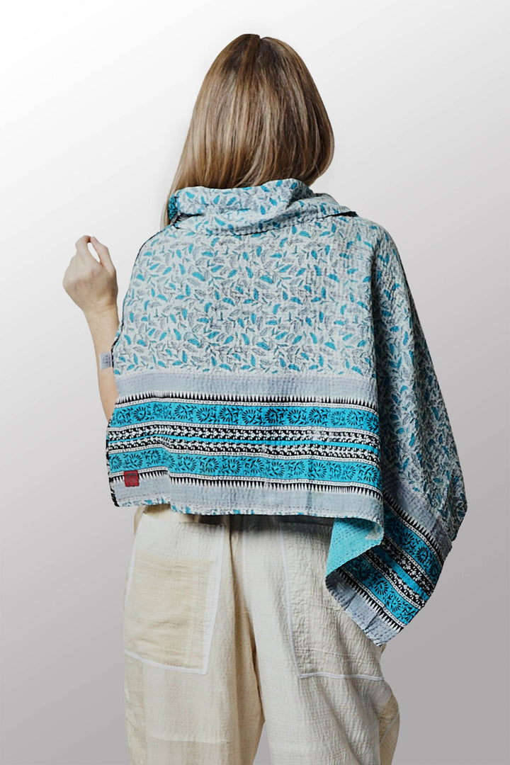 VINTAGE COTTON KANTHA COWL NECK WIDE CAPE - cv2843-blu -