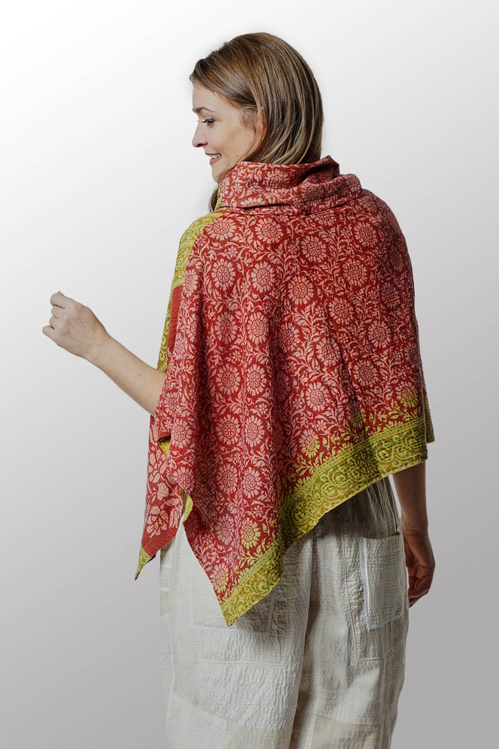 VINTAGE COTTON KANTHA COWL NECK WIDE CAPE - cv2843-brn -