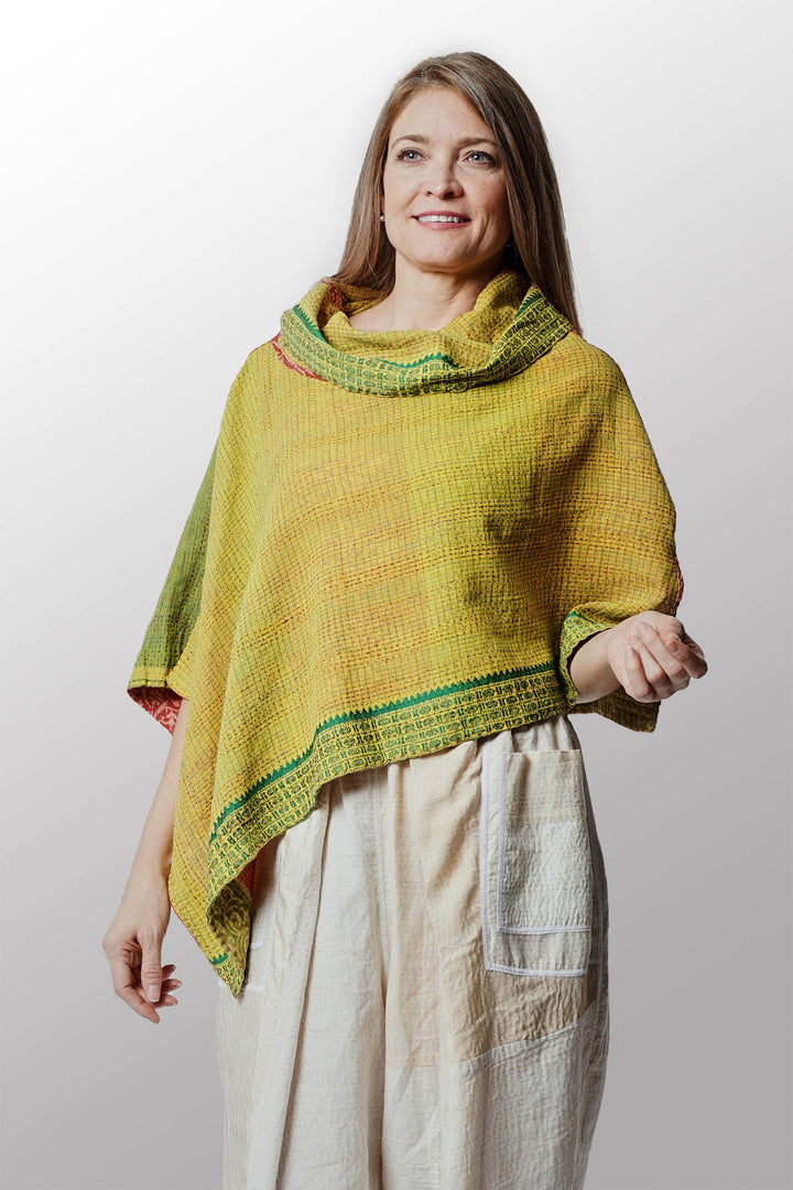 VINTAGE COTTON KANTHA COWL NECK WIDE CAPE - cv2843-brn -