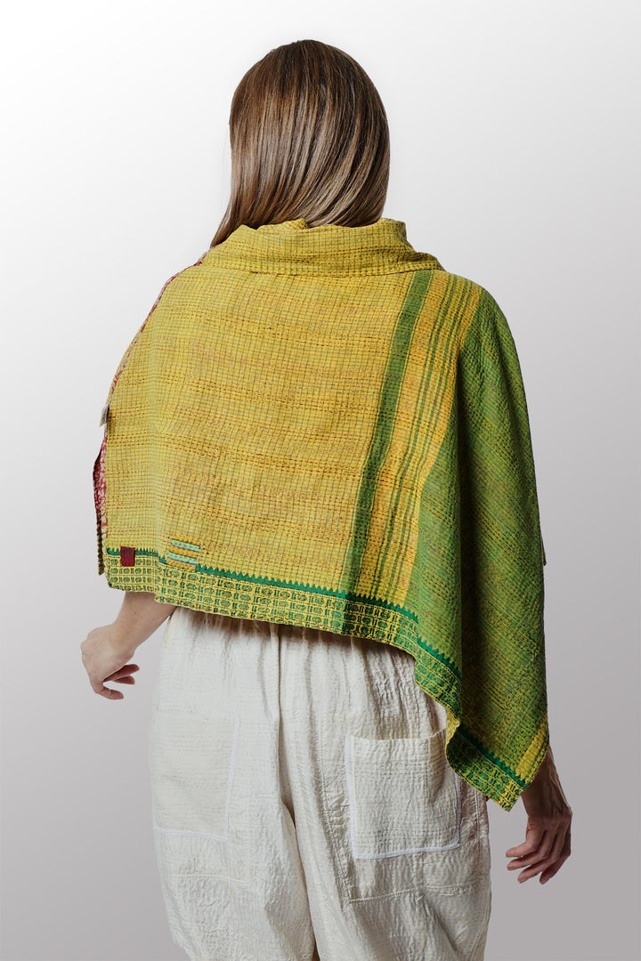 VINTAGE COTTON KANTHA COWL NECK WIDE CAPE - cv2843-brn -