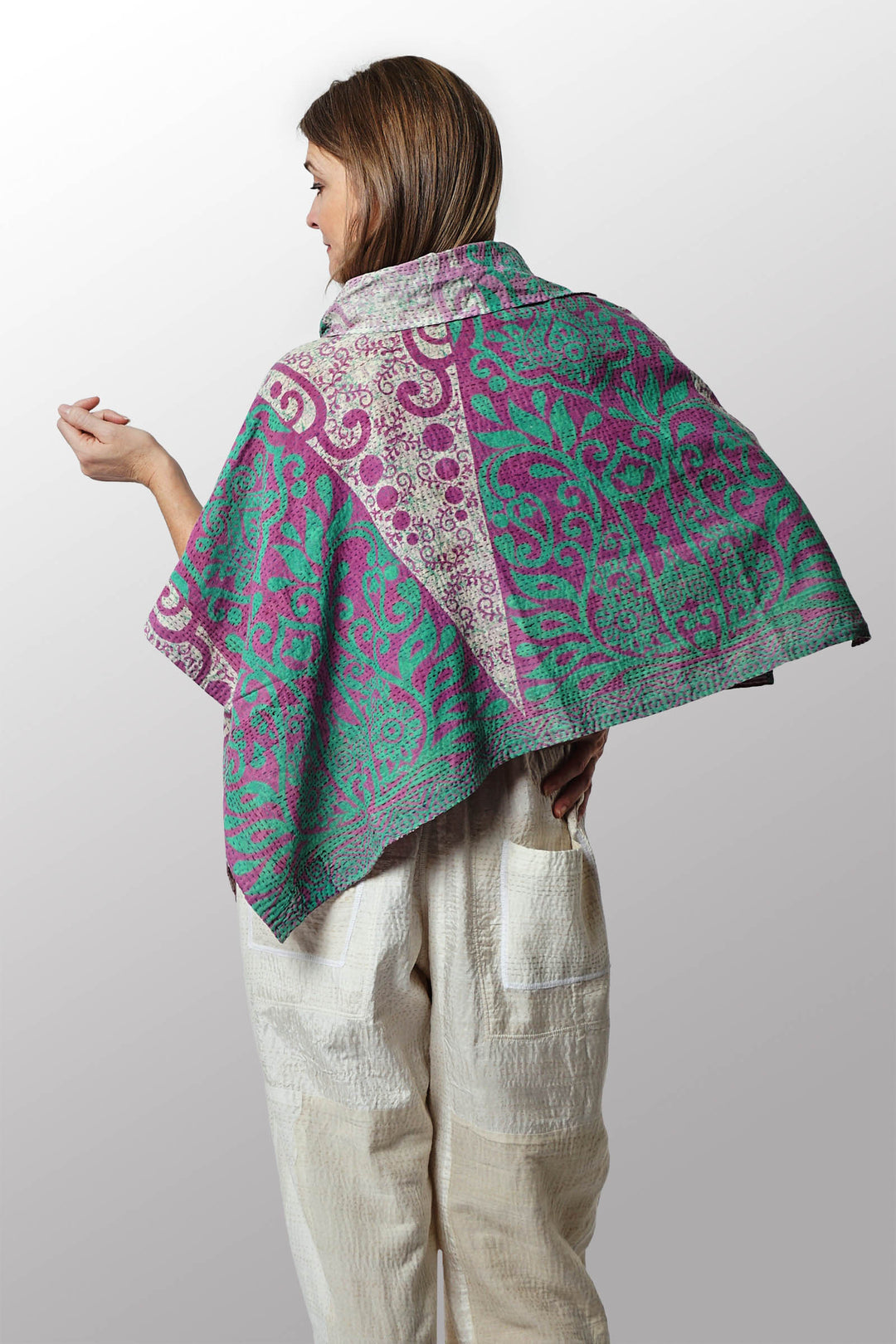 VINTAGE COTTON KANTHA COWL NECK WIDE CAPE - cv2843-pik -