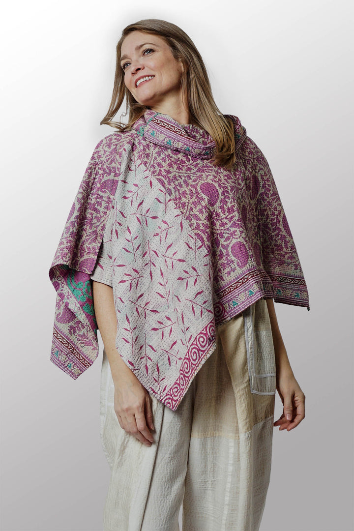 VINTAGE COTTON KANTHA COWL NECK WIDE CAPE - cv2843-pik -