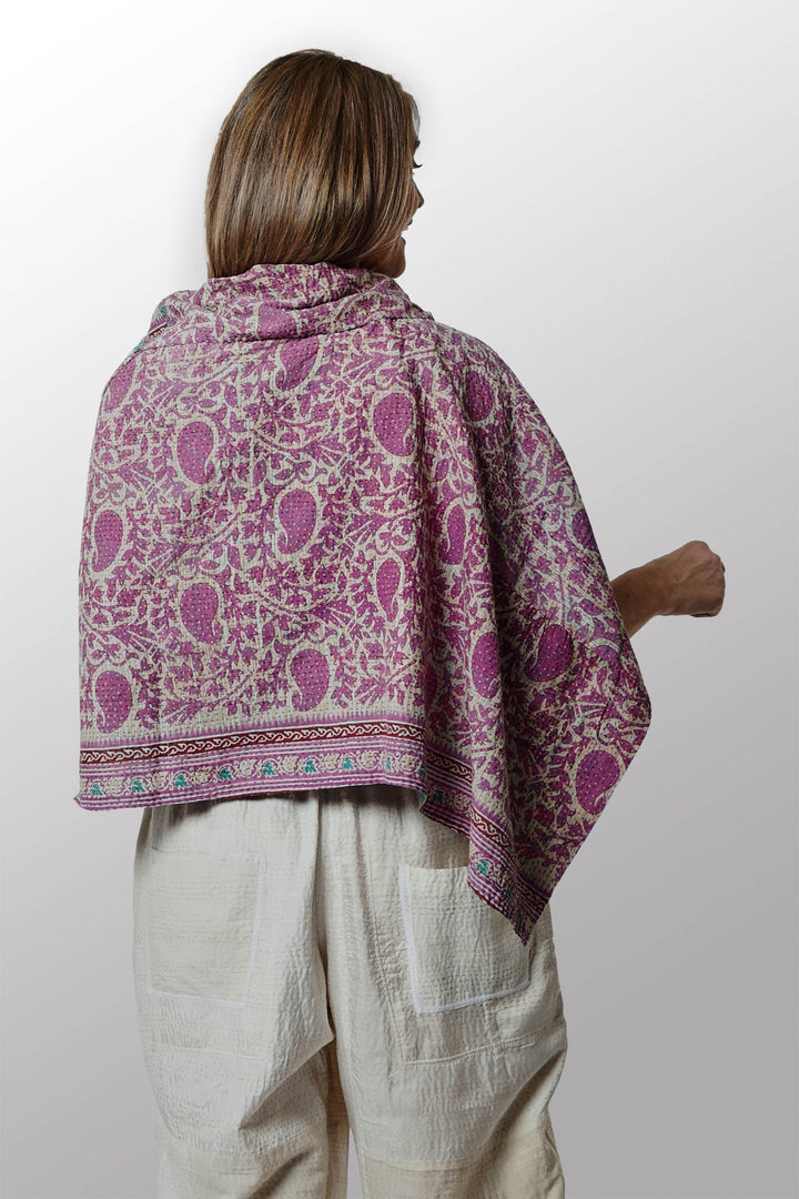 VINTAGE COTTON KANTHA COWL NECK WIDE CAPE - cv2843-pik -