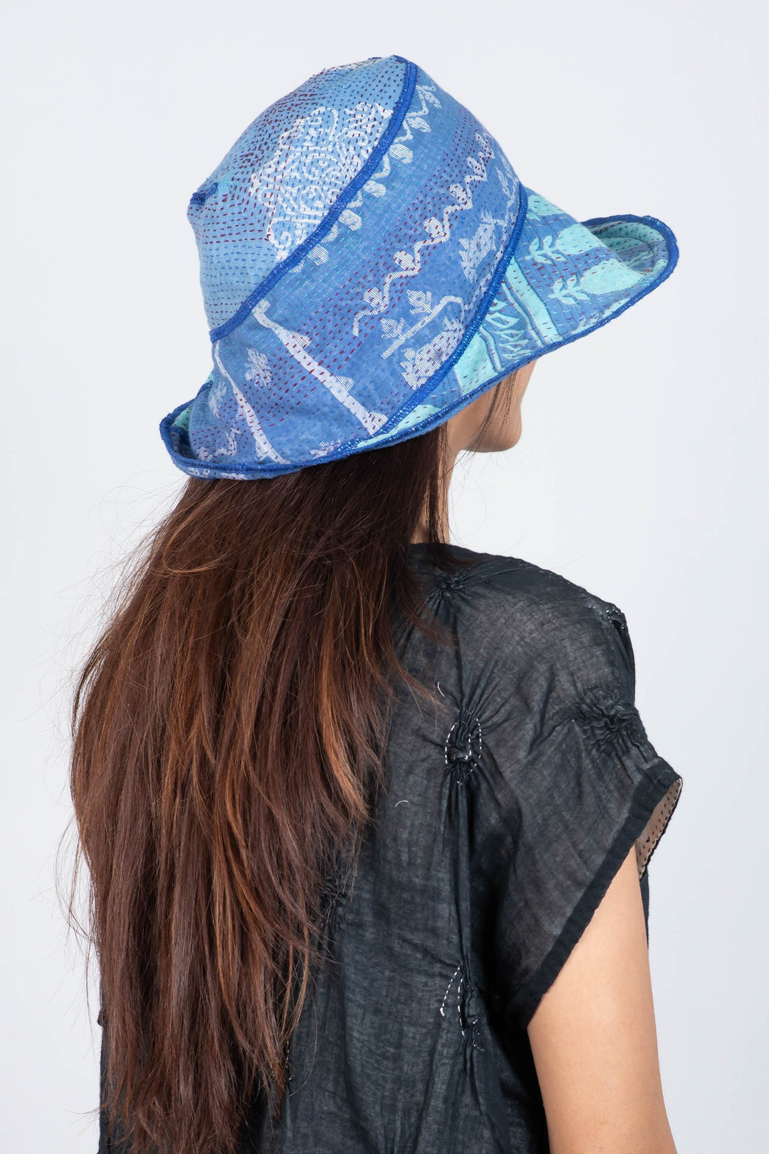 VINTAGE COTTON KANTHA CIRCULAR CUT BRIM HAT - cv2882-blu -