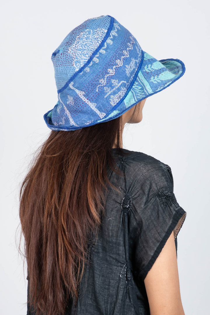 VINTAGE COTTON KANTHA CIRCULAR CUT BRIM HAT - cv2882-blu -