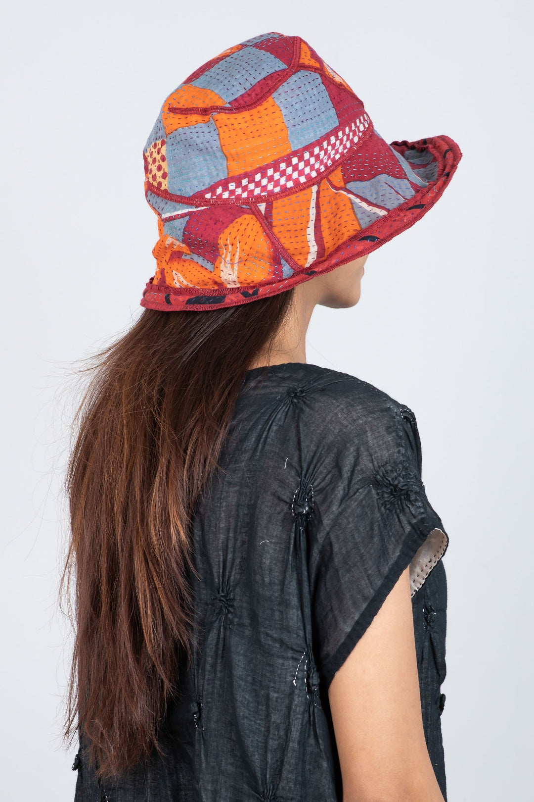 VINTAGE COTTON KANTHA CIRCULAR CUT BRIM HAT - cv2882-red -