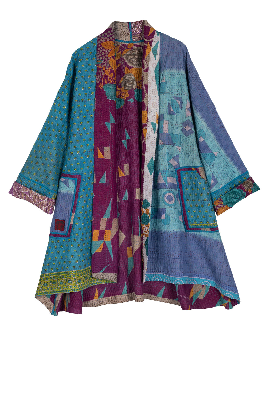 VINTAGE COTTON KANTHA KIMONO LONG JACKET - cv4005-0135a -