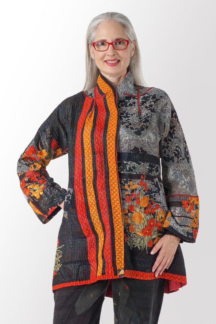 VINTAGE COTTON KANTHA FLARE LONG JACKET - cv4021-0043m -