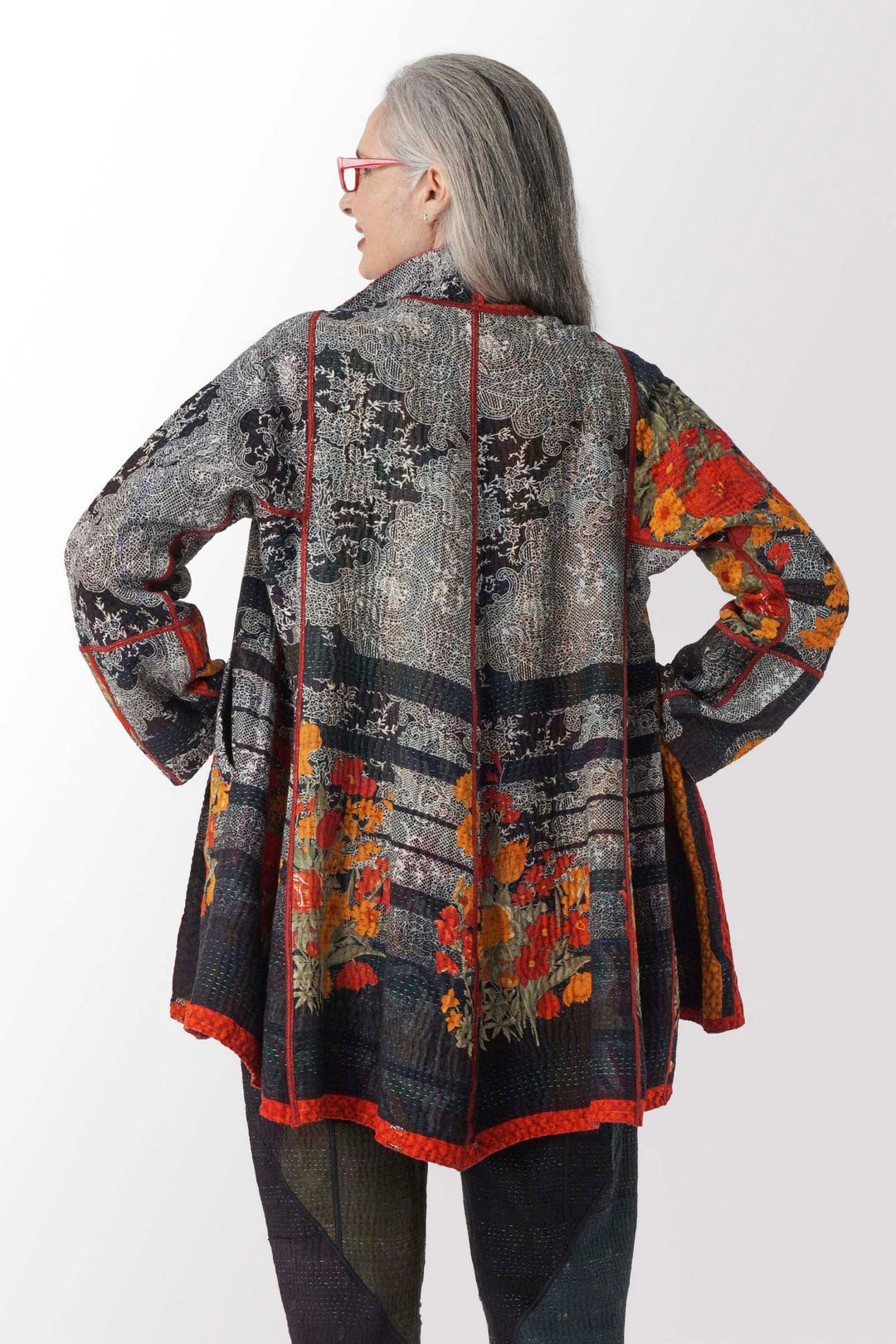 VINTAGE COTTON KANTHA FLARE LONG JACKET - cv4021-0043m -