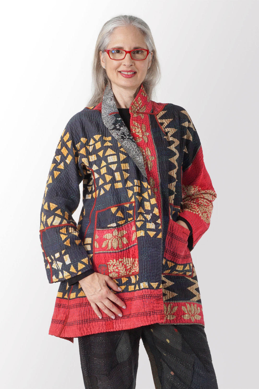 VINTAGE COTTON KANTHA FLARE LONG JACKET - cv4021-0043m -