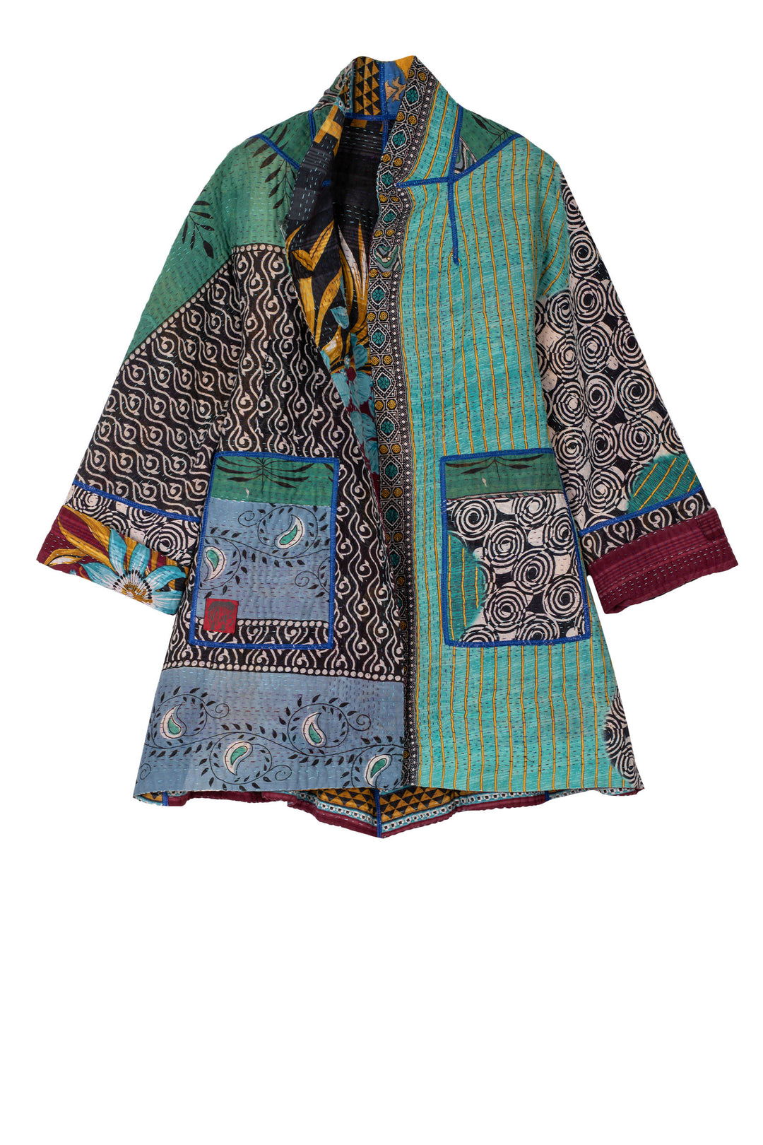 VINTAGE COTTON KANTHA FLARE LONG JACKET - cv4021-0049m -