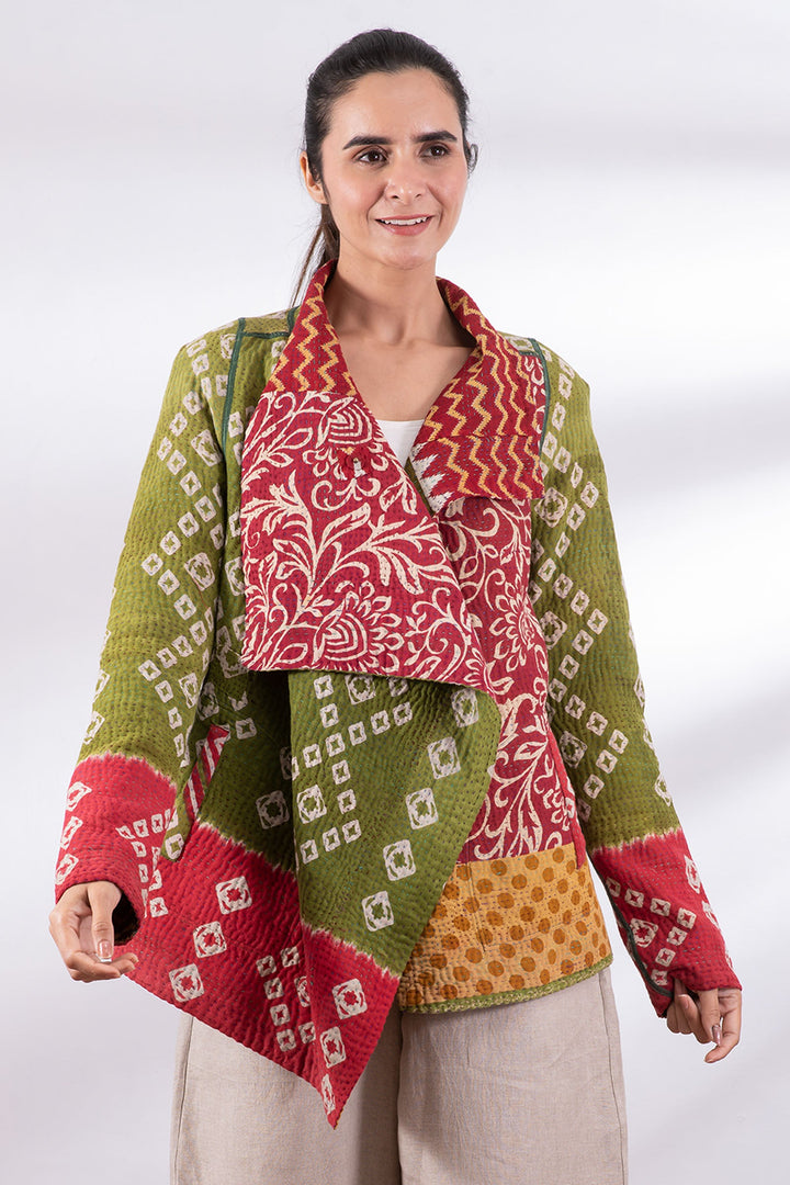 VINTAGE COTTON KANTHA DRAPE COLLAR JKT - cv4037-0023m -