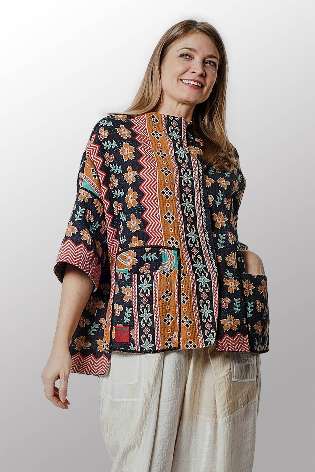 VINTAGE COTTON KANTHA STRAIGHT NECK JKT - cv4058-0015a -