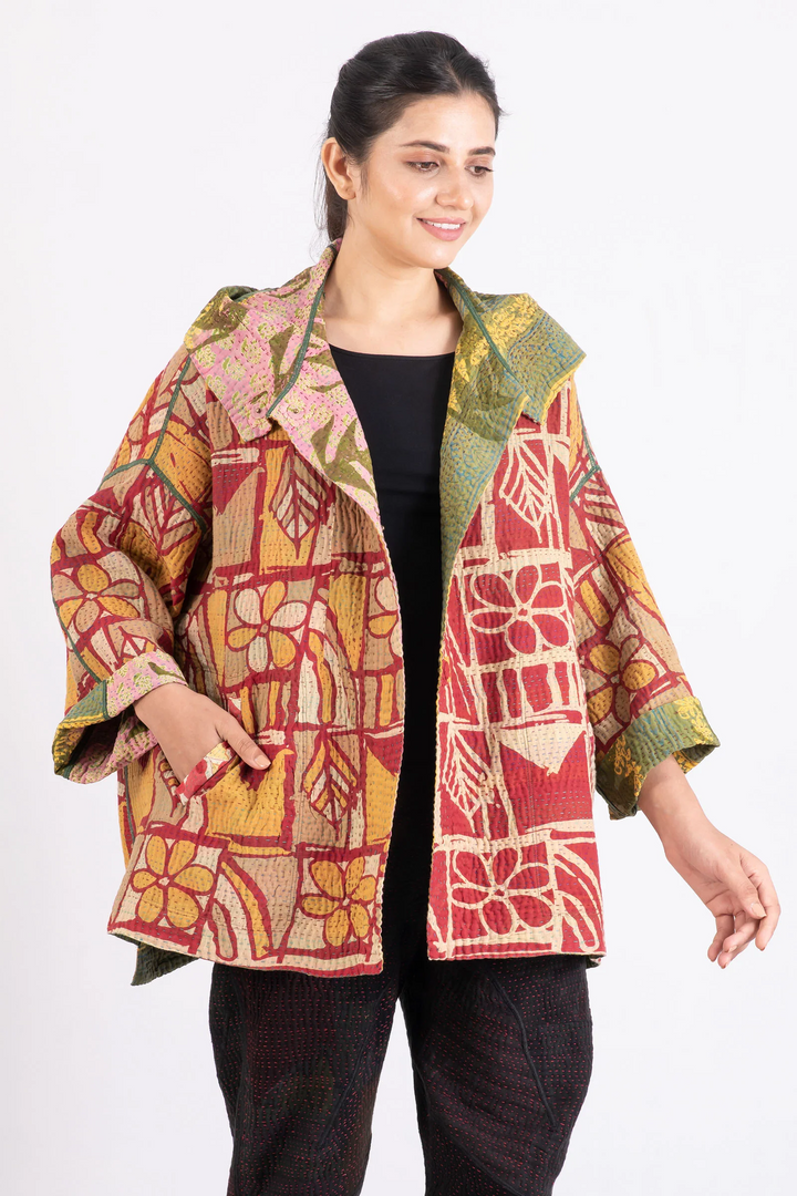 VINTAGE COTTON KANTHA HOODIE PONCHO - cv4064-0007a -