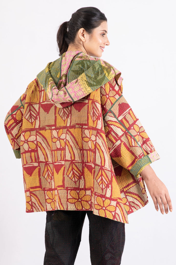 VINTAGE COTTON KANTHA HOODIE PONCHO - cv4064-0007a -