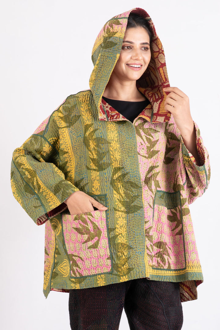 VINTAGE COTTON KANTHA HOODIE PONCHO - cv4064-0007a -