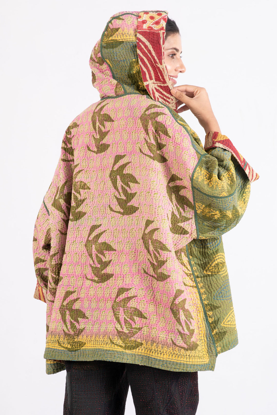 VINTAGE COTTON KANTHA HOODIE PONCHO - cv4064-0007a -