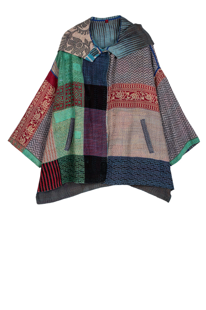 VINTAGE COTTON KANTHA HOODIE PONCHO - cv4064-0023a -