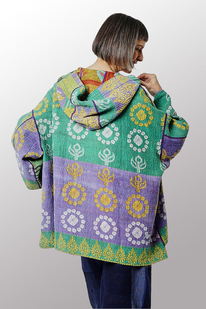 VINTAGE COTTON KANTHA HOODIE PONCHO - cv4064-0024a -