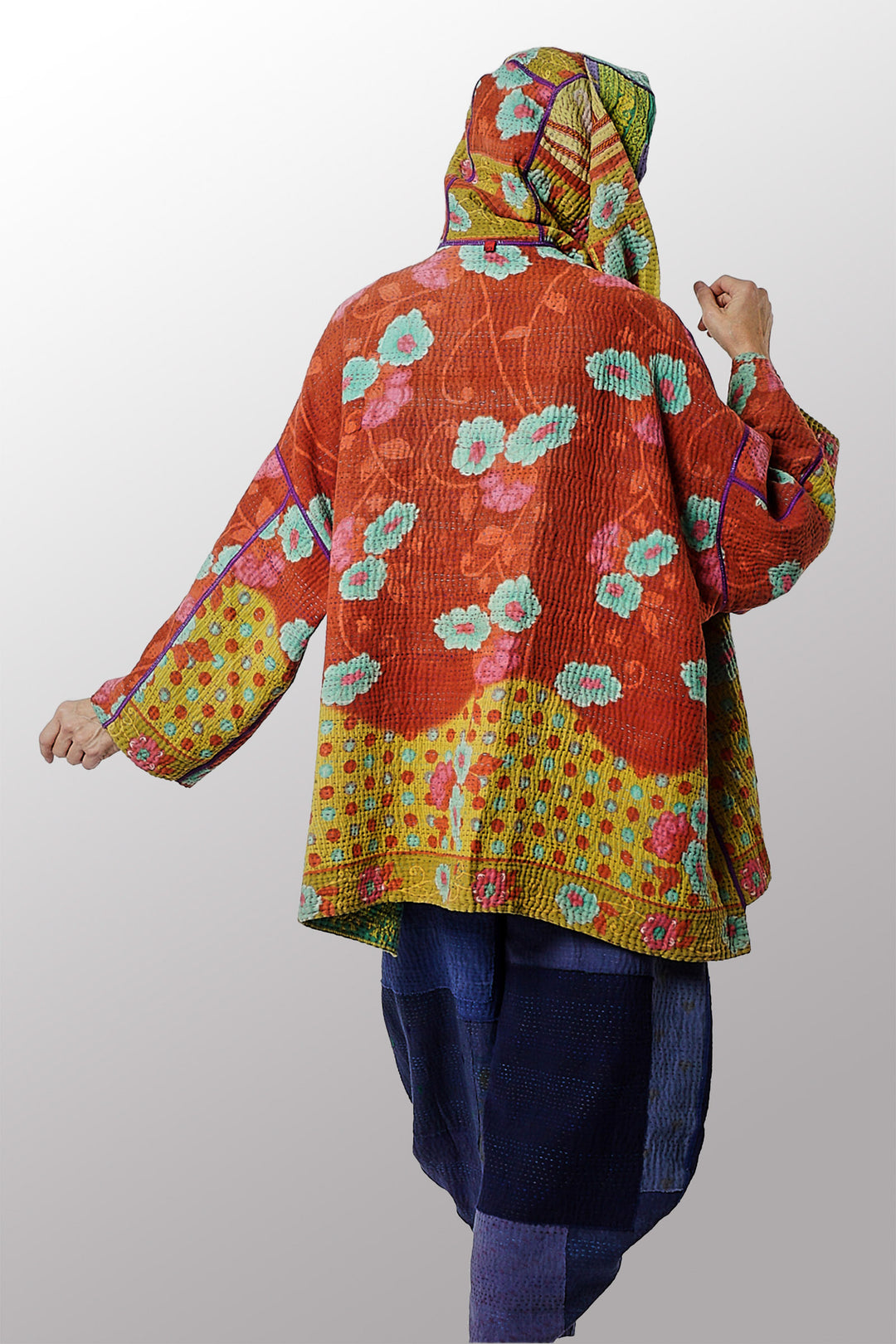 VINTAGE COTTON KANTHA HOODIE PONCHO - cv4064-0024a -