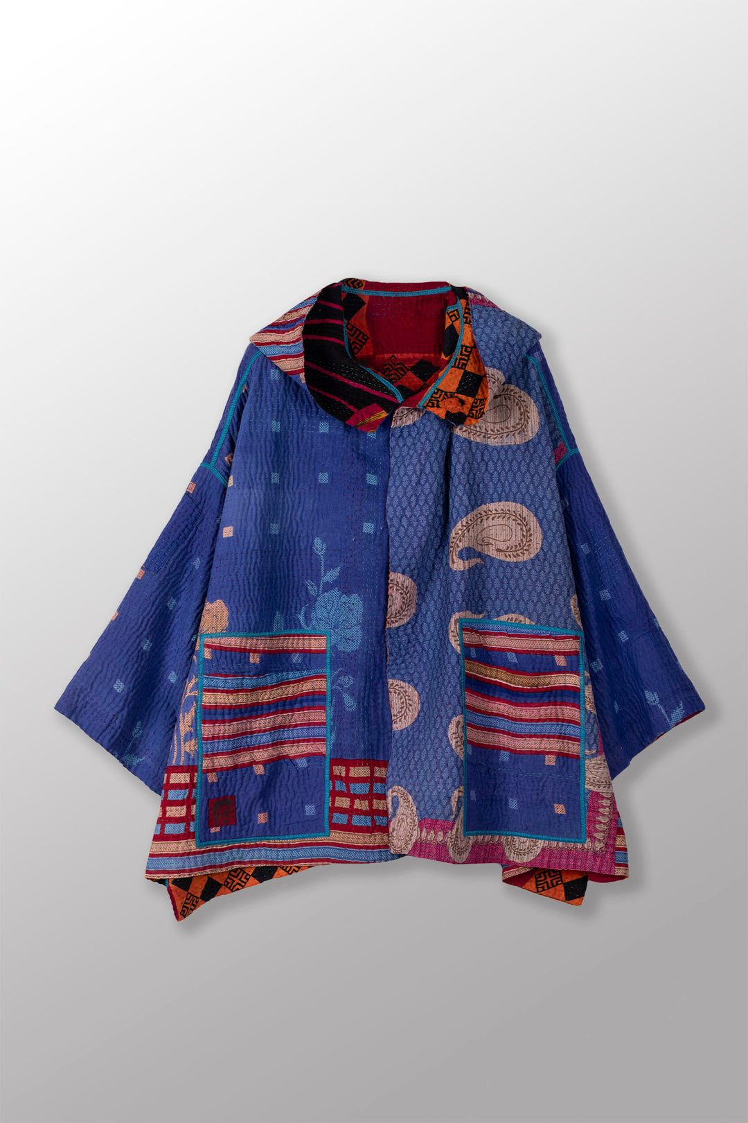 VINTAGE COTTON KANTHA HOODIE PONCHO - cv4064-0025a -