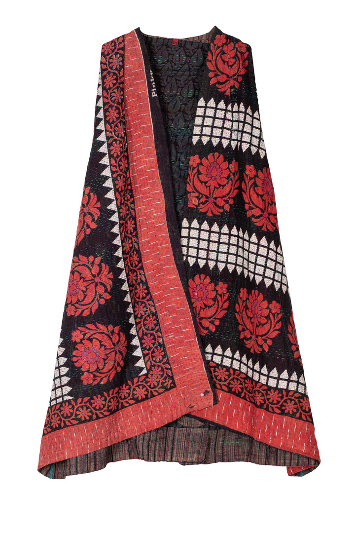 VINTAGE COTTON KANTHA BACK PLEATED VEST - cv4221-0008a -