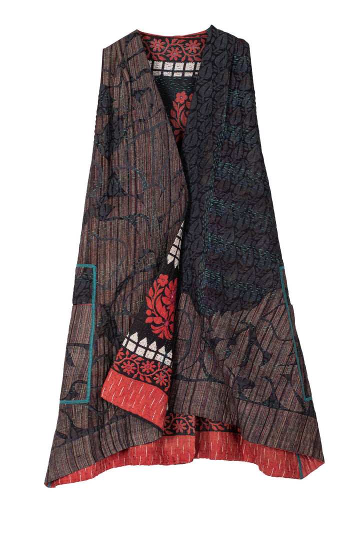 VINTAGE COTTON KANTHA BACK PLEATED VEST - cv4221-0008a -