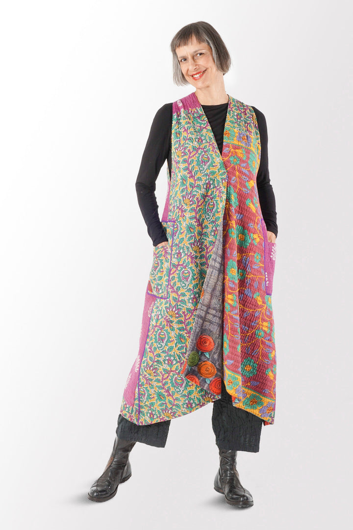 VINTAGE COTTON KANTHA BACK PLEATED VEST MAXI - cv4222-0014a -