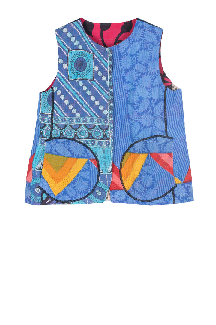 VINTAGE COTTON KANTHA CREW NECK FITTED VEST - cv4228-0002s -