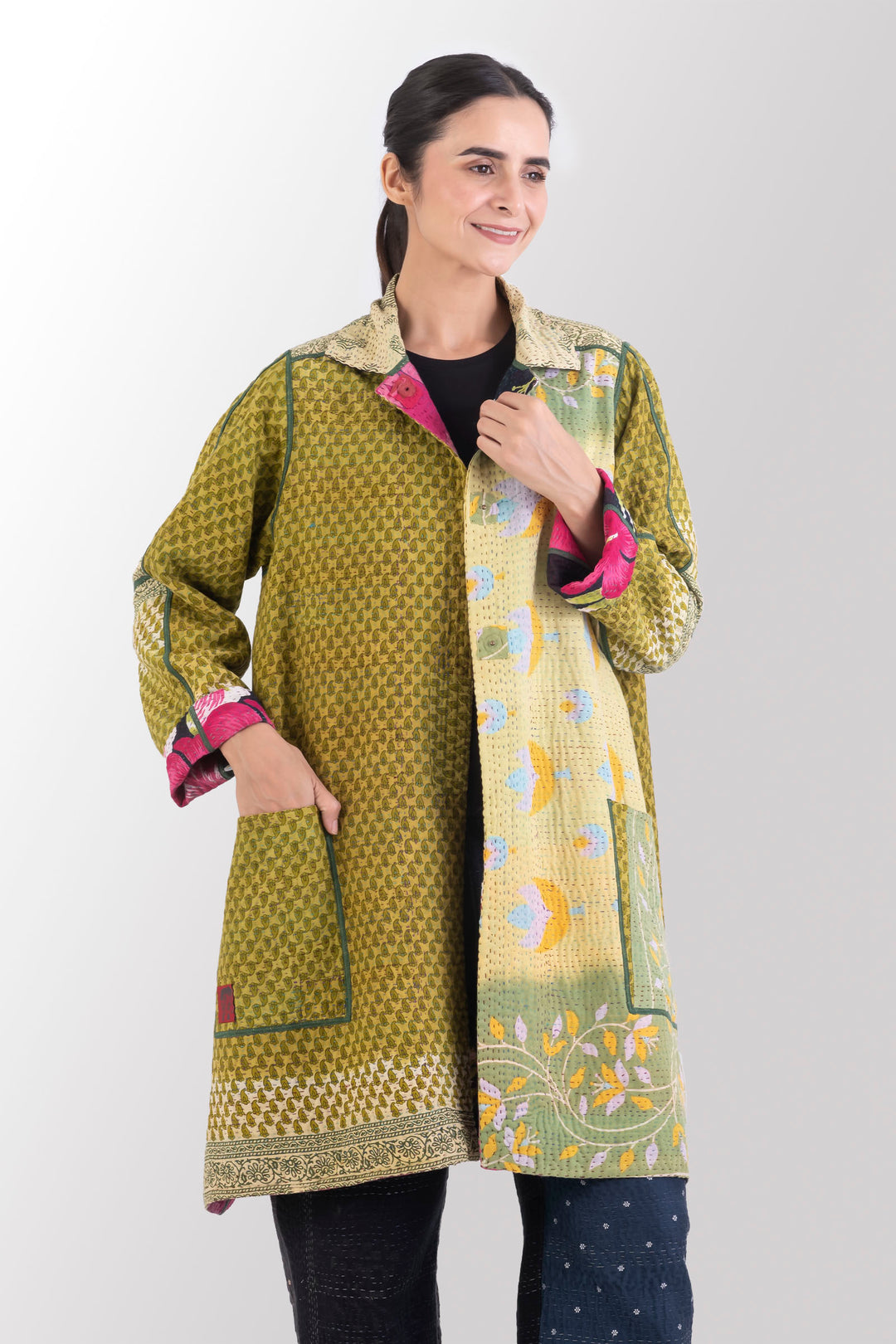 VINTAGE COTTON KANTHA A-LINE DUSTER - cv4311-0095a -