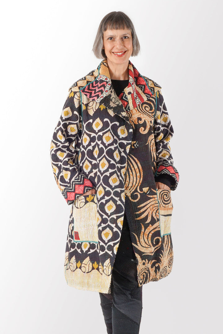 VINTAGE COTTON KANTHA POCKET MEDIUM COAT - cv4316-0015a -