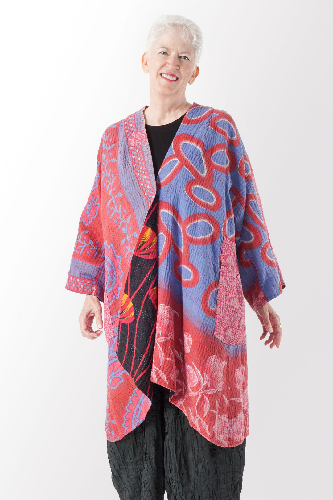 VINTAGE COTTON KANTHA KIMONO DUSTER - cv4317-0026a -