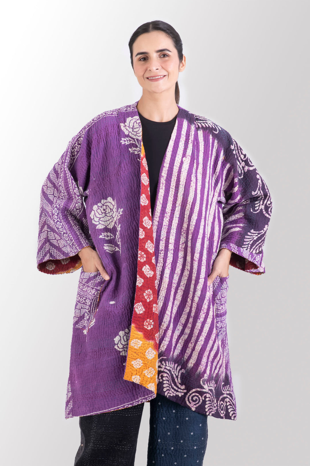 VINTAGE COTTON KANTHA KIMONO DUSTER - cv4317-0027a -