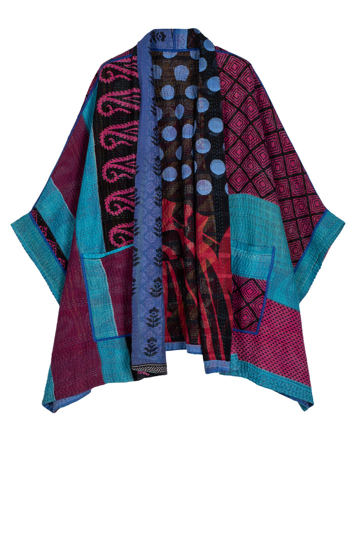 VINTAGE COTTON KANTHA DOUBLE COLLAR PONCHO - cv4323-0027a -