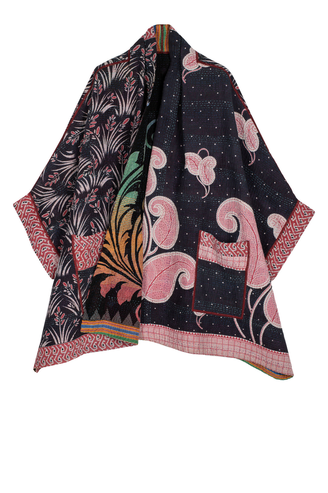 VINTAGE COTTON KANTHA DOUBLE COLLAR PONCHO - cv4323-0028a -